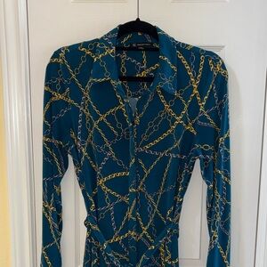 INC International Concepts Teal and Gold Chain Pattern Blouse
